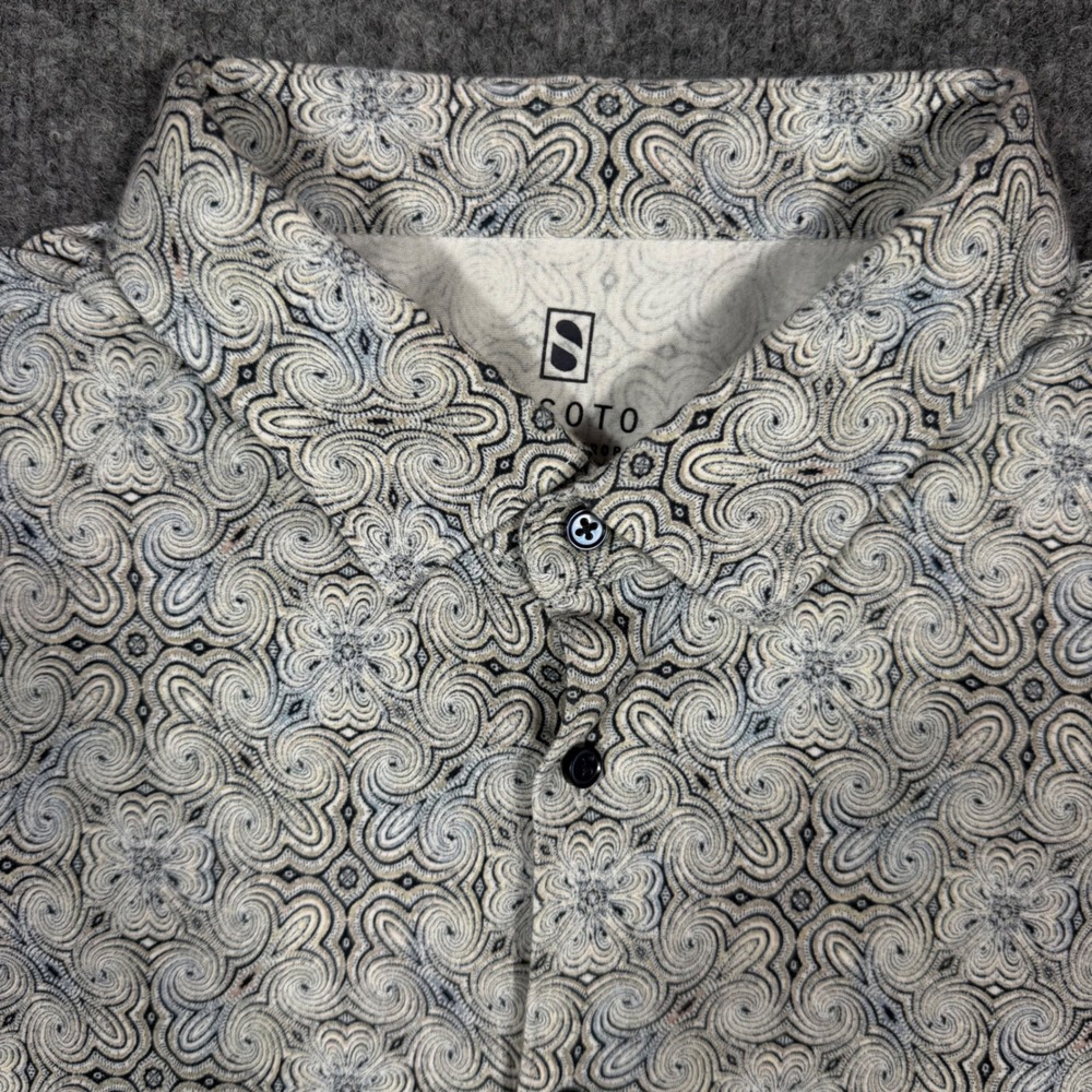 Desoto Button Down Shirt Geometric Mens 2XL (Fit L) Blue White Cotton Europe EUC